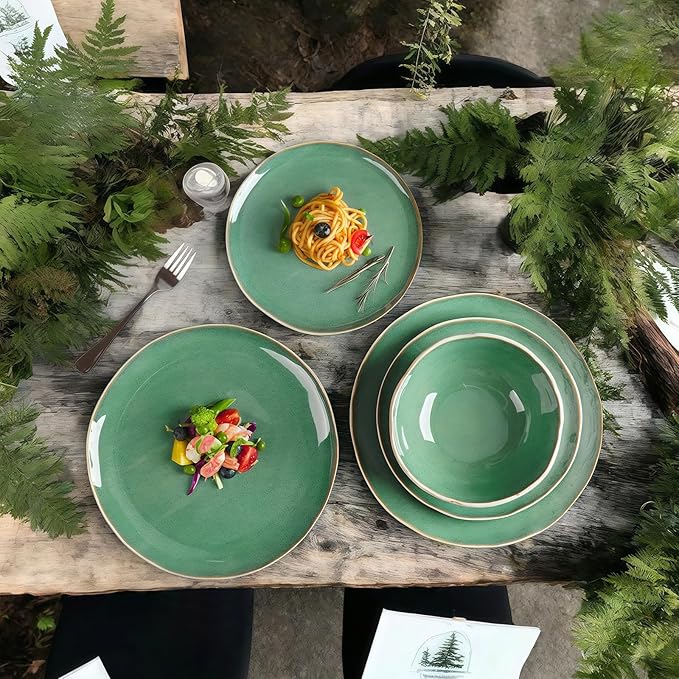 12pcs Dinnerware Set Service for 4 Handmade StonewareCeramic Dish Set Plates and Bowls set Dinner Set Reactive Glazed Microwave and Dishwasher Safe (GREEN)