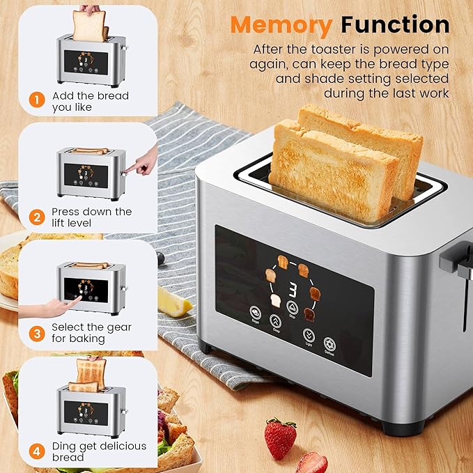 2-Slot Digital Touchscreen Toaster with Wide Slots and 6 Toast Settings Stainless Steel