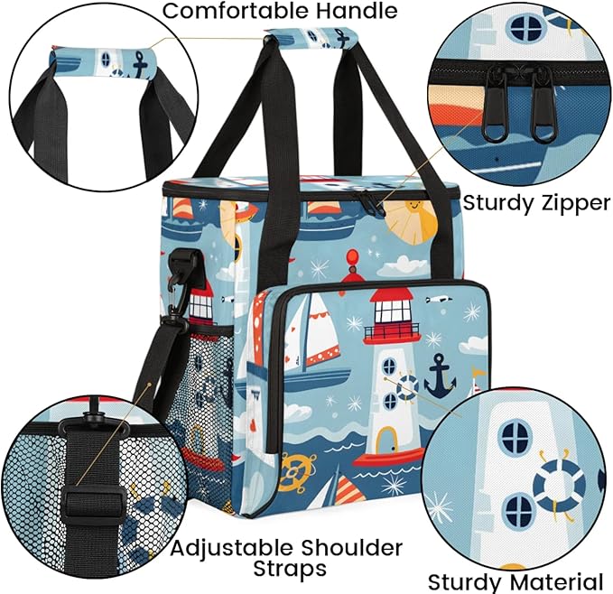 Cartoon Ship Lighthouse Coffee Maker Travel Bag for Keurig K-Mini/K-Mini Plus Insulated Waterproof Tote with Pockets Portable Single-Serve Brewer Case