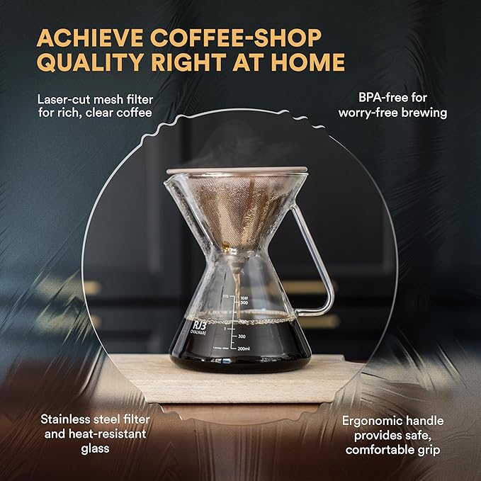ovalware Pour Over Coffee Dripper Maker Paperless Stainless Steel Filter Precision Measuring Cup and Carafe with Airtight Cold Brew Iced Coffee Maker Pitcher RJ3 Brewing Glass Carafe