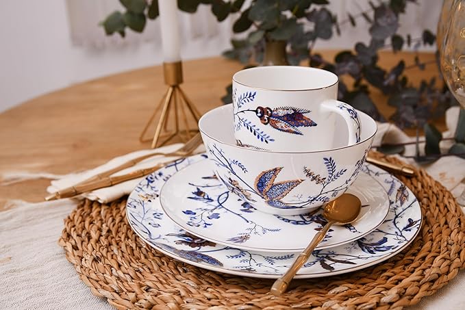 Bulgary Plates and Bowls Sets Dishes Set for 4 Ceramic Plates and Bowls Set Service for 4 Bone China Dinnerware Set Salad Dessert Plates and Cereal Bowls Set Microwave safe by KOKEN