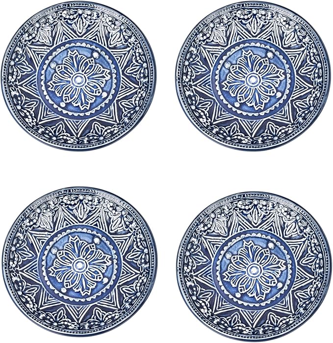 Sungmor Embossed Stoneware Fine Dining Dinnerware Antique Baroque Style Porcelain 4 Inch Soy Saucer Dish Set of 4 Sophisticated Ceramic Dipping Bowl Appetizer Dessert Plate Ketchup Spices Bowl
