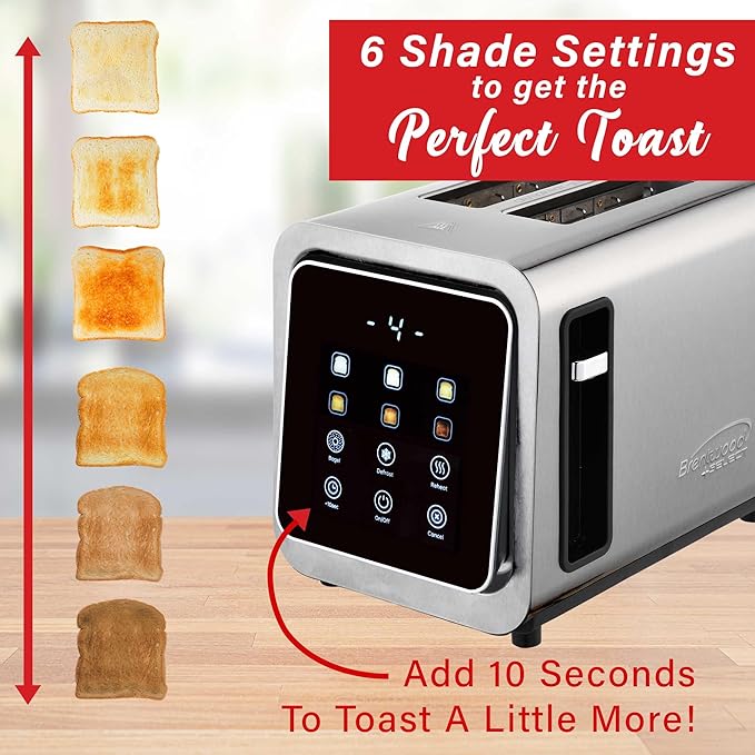 Brentwood TS-228DS Touch Screen 2-Slice Digital Toaster with Extra Wide Slots 6 Shade Settings Bagel Cancel Defrost and Reheat Functions Stainless Steel