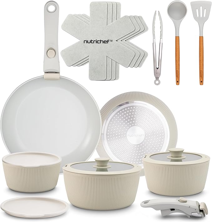 NutriChef 18-Piece Ceramic Cookware Set with Detachable Handles Non Stick Pots and Pans PTFE-Free Natural Ceramic Coating Space-Saving Design Oven &amp Stove Safe Includes Utensils Green