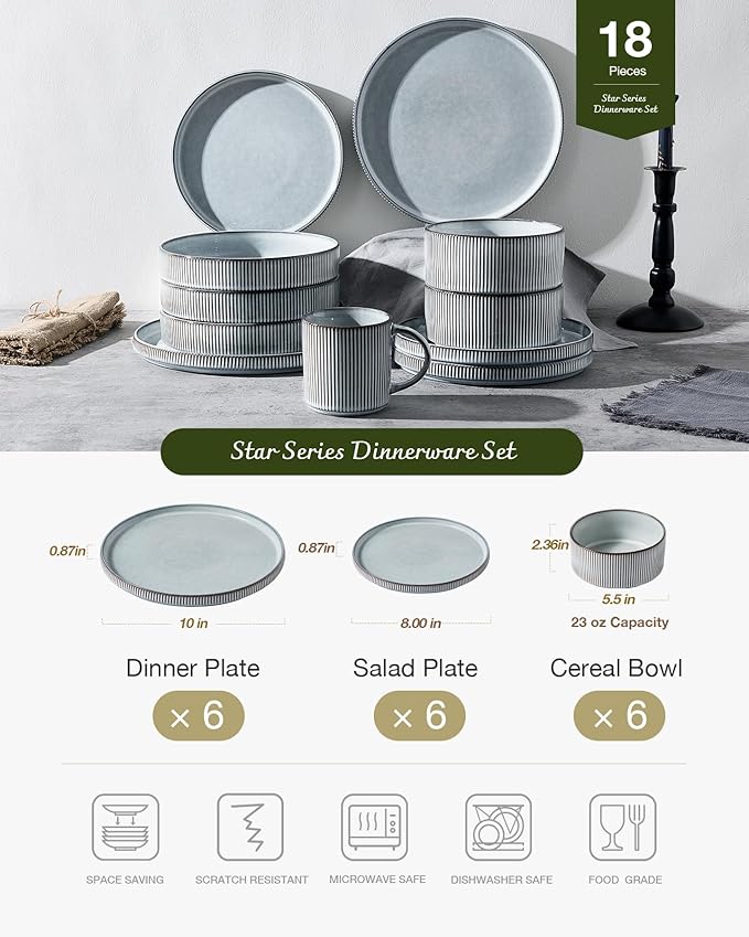 famiware Star Plates and Bowls Sets Modern Stoneware Dinnerware Sets for 6 18-Piece Kitchen Dish Set - Chip and Scratch Resistant Microwave and Dishwasher Safe Tableware Smoky Blue