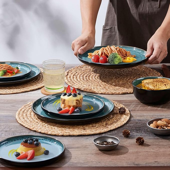 LIANYU Ceramic Dinnerware Sets for 4 12 Piece Porcelain Stoneware Plates and Bowls Scratch Resistant Round Kitchen Dishes Set Dishwasher and Microwave Safe Dinning Ware Set Pastel Turquoise