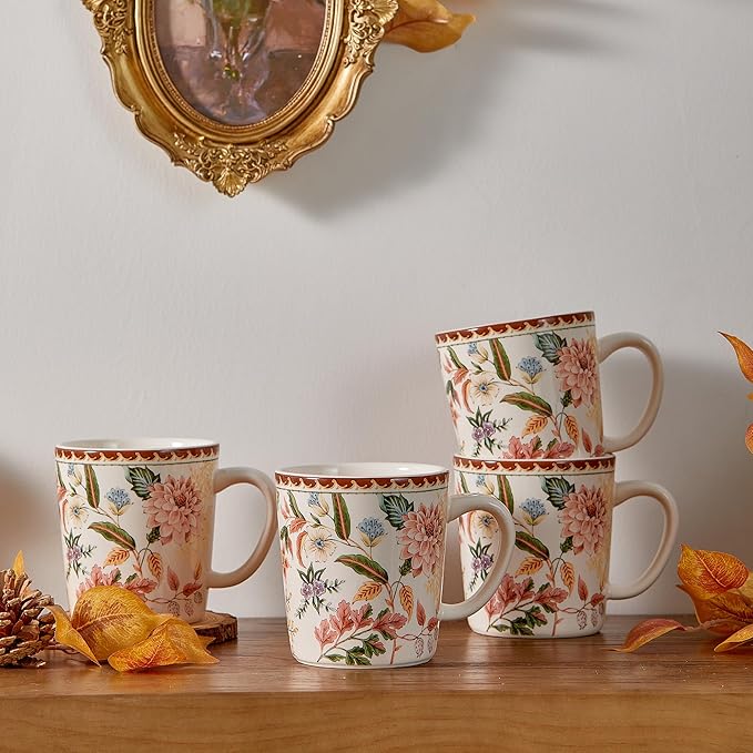 Bico Blooming Moment Ceramic 16 pcs Dinnerware Set Service for 4 Inclusive of 11 inch Dinner Plates 8.75 inch Salad Plates 26oz Cereal Bowls and Mugs for Party Microwave &amp Dishwasher Safe