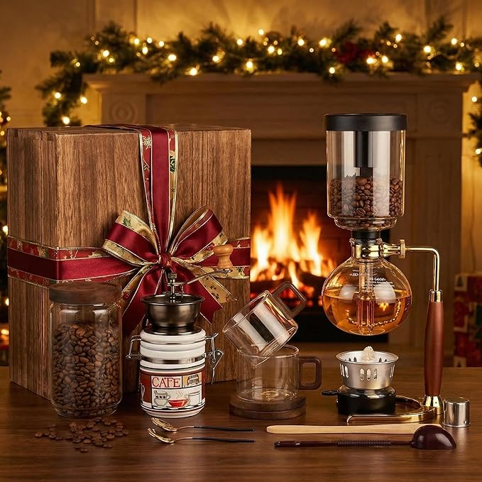 Siphon Coffee Maker 3-Cup (360ml) Japanese Vacuum Brew Pot with Coffee Grinder Glass Cup Storage Container Packaged Gift Box for Coffee Aficionados &amp Gift Giving