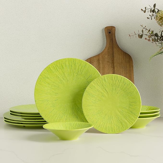 MissYIP 12 Pcs Melamine Dinnerware Set - Unbreakable Melamine Dish Set Setervice for 4Dishwasher Safe Melamine Plates and Bowls - Ideals for Party CampingIndoor and Outdoor Use(Light Green)
