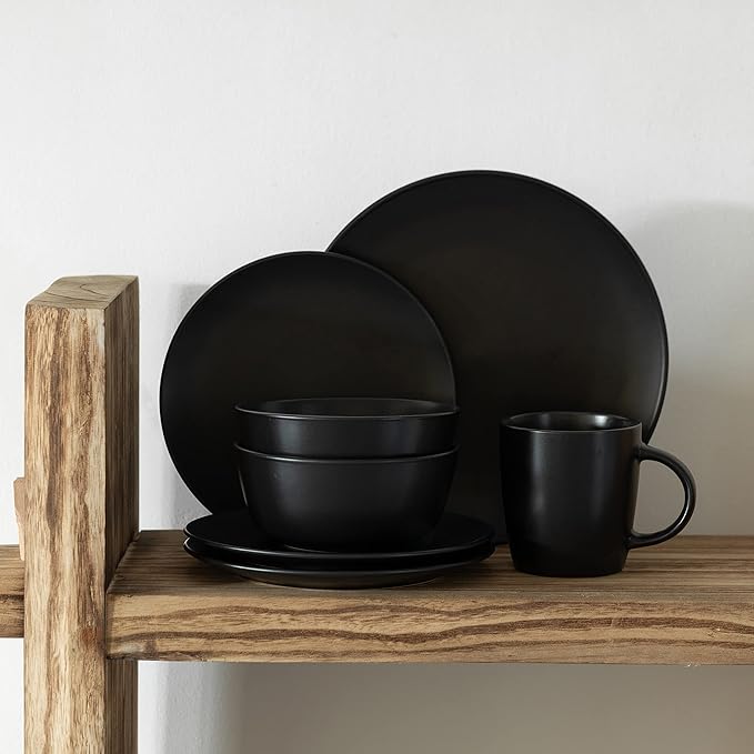 64-Pc Modern Dinnerware Set for 16 Including Mugs Bowls Salad and Dinner Plates Highly Chip Resistant Dishwasher Microwave and Oven Safe Black