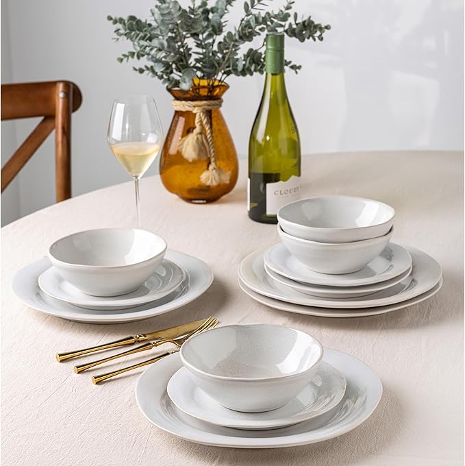 AmorArc Ceramic Dinnerware Sets Handmade Stoneware Reactive Glaze Plates and Bowls Set Scratch Resistant | Dishwasher &amp Microwave Safe Dishes Set Service for 4 (12pc)