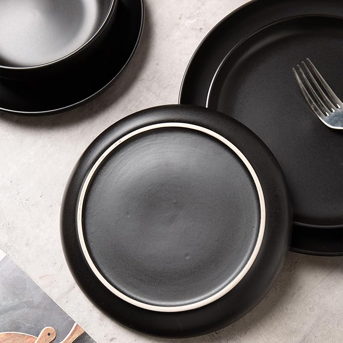 12-Piece Matte Black Dinnerware SetStoneware Dinnerware for 4 Microwave &amp Dishwasher Safe Stackable Design for Kitchen and Dining - Plates and Bowls