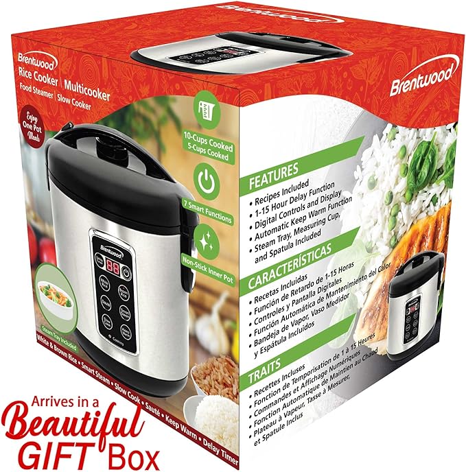 Brentwood 7-Function Smart Rice Multi-Cooker – Food Steamer Slow Cooker Sauté Keep Warm and 15hr Delay Timer with Spatula and Measuring Cup Stainless Steel (10 Cups Cooked / 5 Cups Uncooked)