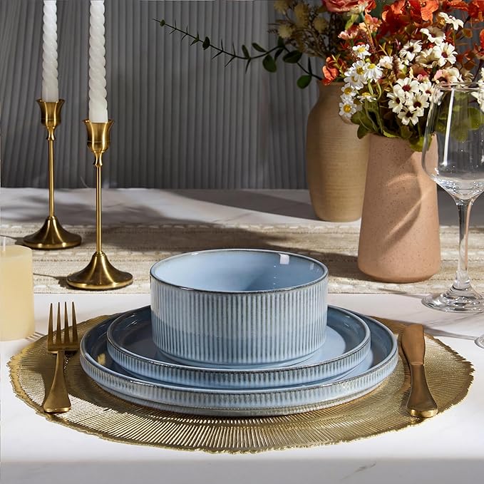 E-far Stoneware Dinnerware Sets for 2 6-Piece Plates and Bowls Sets Chip &amp Scratch Resistant Ribbed Dish Set for Home Restaurant Microwave &amp Dishwasher Safe Dusty Blue