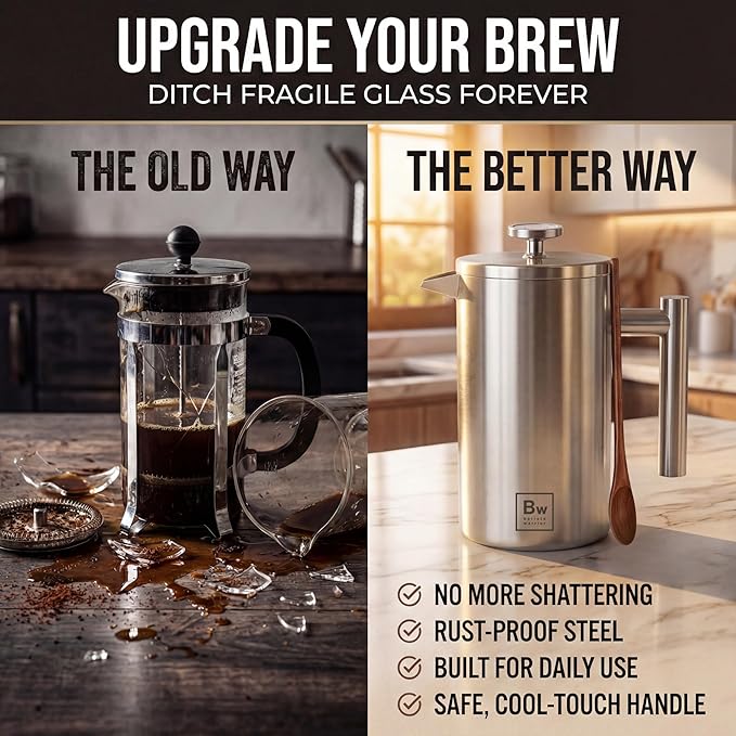 Barista Warrior French Press Coffee Maker Stainless Steel with Built-In Thermometer - Insulated Double Wall Design Dual Filter System Stay-Cool Handle &amp Wood Spoon - Silver