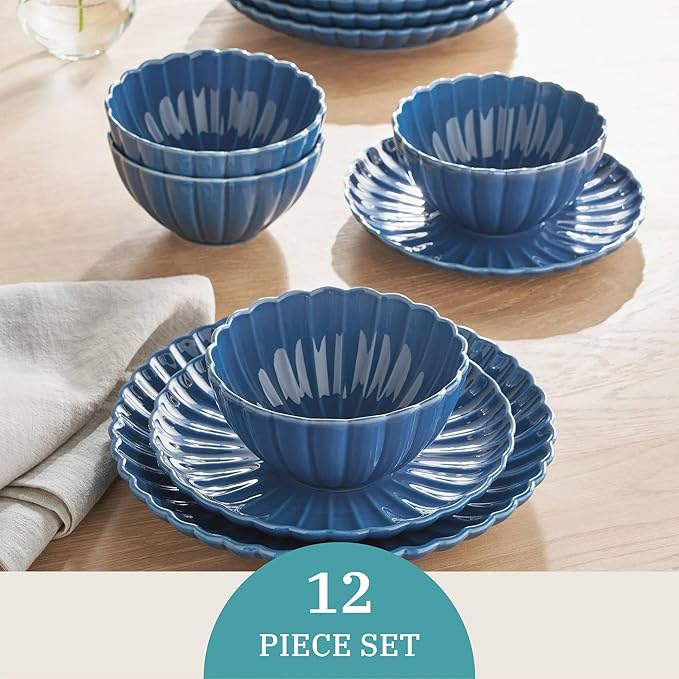 12-Piece Stoneware Dinnerware Set Scalloped Design Blue