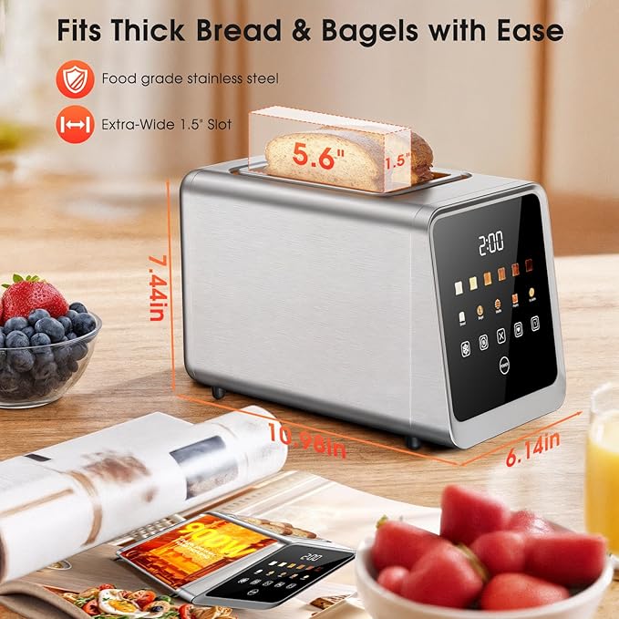 Toaster 2 Slice with Smart Digital Touchscreen &amp 1-Touch Memory | Stainless Steel 1.5 Extra-Wide Slots for Bagels &amp Artisan Bread | 900W for Fast Even Toasting | Defrost Reheat Single-Slic