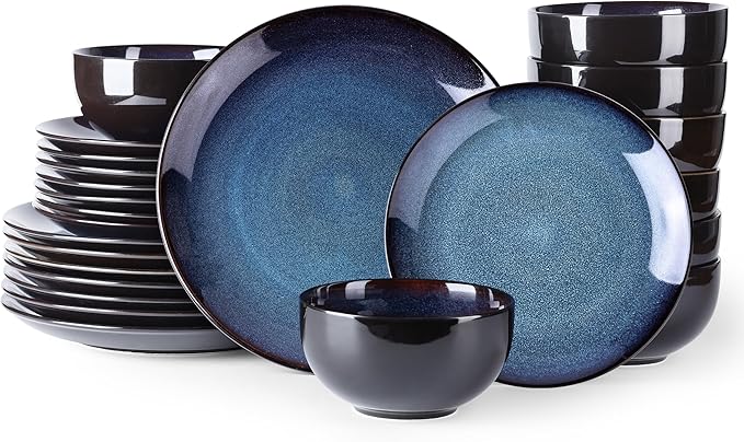 LERATIO Ceramic Dinnerware Sets for 8Stoneware Plates and Bowls SetsHandmade Reactive Glaze Dishes SetChip Resistant and Scratch Resistant | Oven&ampDishwasher &amp Microwave Safe-Blue(24PCS)
