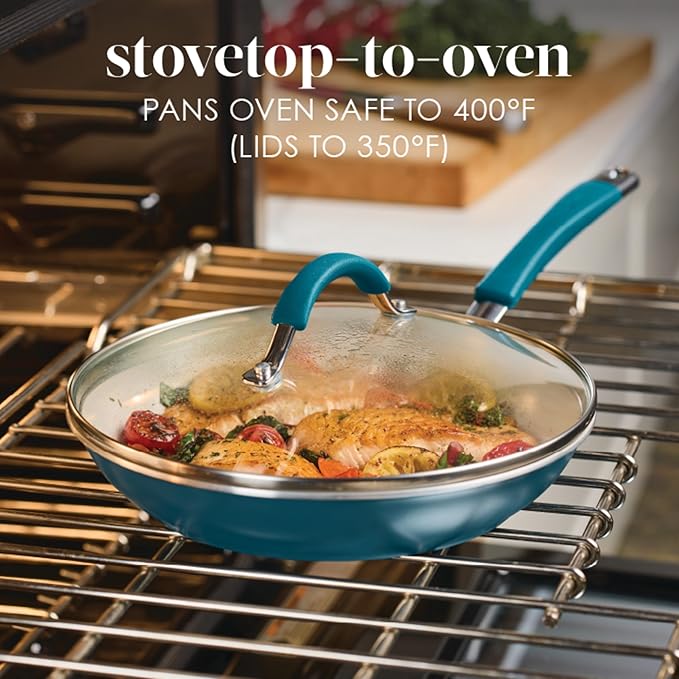 Rachael Ray Cucina Ceramic Cookware Set - 13 Pieces - Ceramic Pots and Pans Set w/Nonstick Frying Pans Saute Pan Saucepans Stockpot Lids Pan Protectors &amp Cooking Utensils - Marine Blue