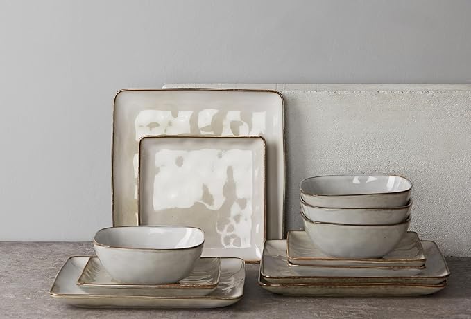 Famiware Ocean Square Plates and Bowls Sets for Kitchen 16-Piece Dinnerware Sets for 4 Mug Set for 4 Grey