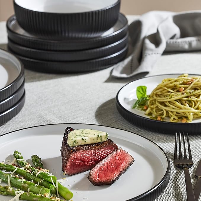 Christian Siriano Laro 24-Piece Stoneware Dinnerware Set Plates and Bowls Set Microwave and Dishwasher Safe Dish Set for 8 Black