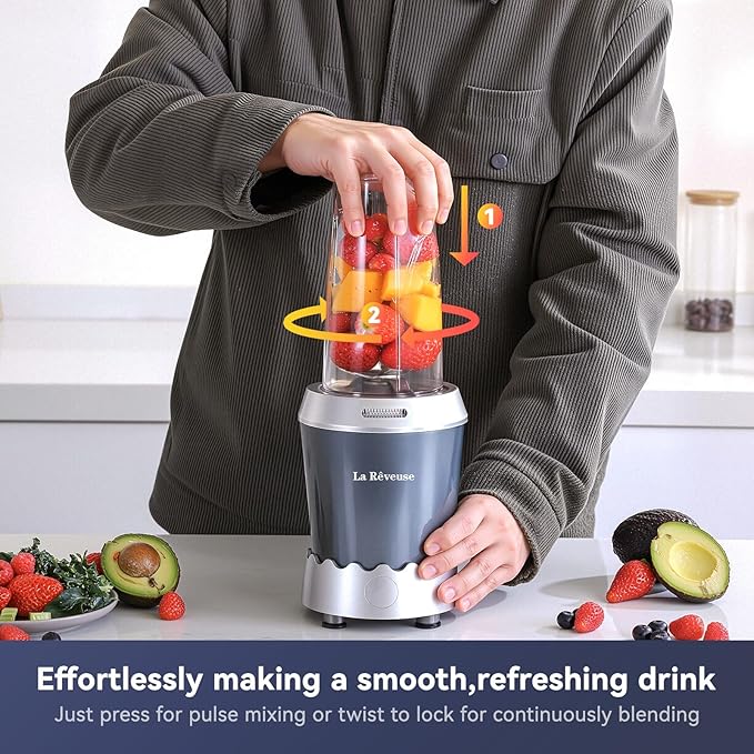 La Reveuse Personal Size Smoothie Blender Pro 1000W High Speed with 24oz To-Go Cup Ideal for SmoothiesProtein Shakes Frozen Drinks Food Prep Gray