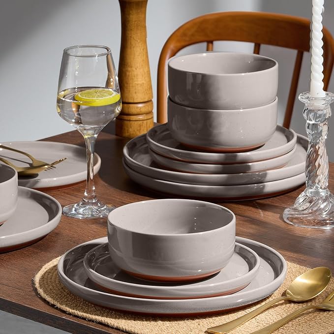 E-far 24-Piece Ceramic Dinnerware Sets Plates and Bowls Sets for 8 Stoneware Dishware Dishes Set with Terracotta Base Chip &amp Scratch Resistant Microwave &amp Dishwasher Safe Speckled Khaki
