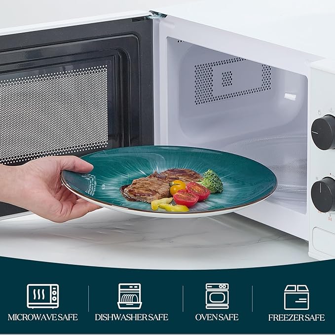 Bestone Porcelain Dinnerware Sets Service for 4 12 pcs Hand drawn Plates and Bowls Sets Handmade Ceramic Dish Set Chip Resistant Modern Plate Set Dishwasher/Microwave SafeStarburst Green