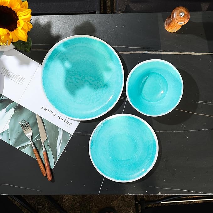 Melamine Dinnerware Sets 12 Pcs Melamine Plates and BowlsParty Plates and Bowls Sets Camping Dishes Set for 4 Unbreakable BPA Free Dishwasher Safe （Lake Green）