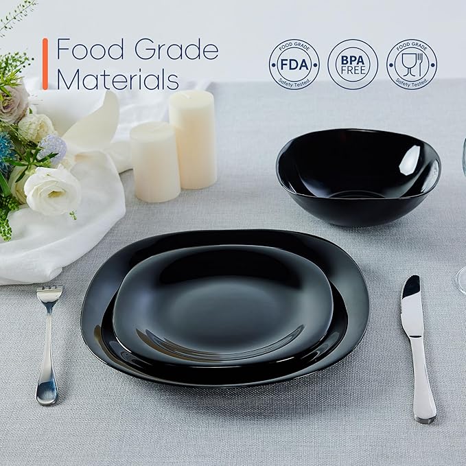 Square Dinnerware Sets for 4 12 Pieces Opal Glass Plates and Bowls Set Dishwasher and Microwave Safe Dish Dinning Ware Set Chip and Scratch Resistant Dishware Sets Black