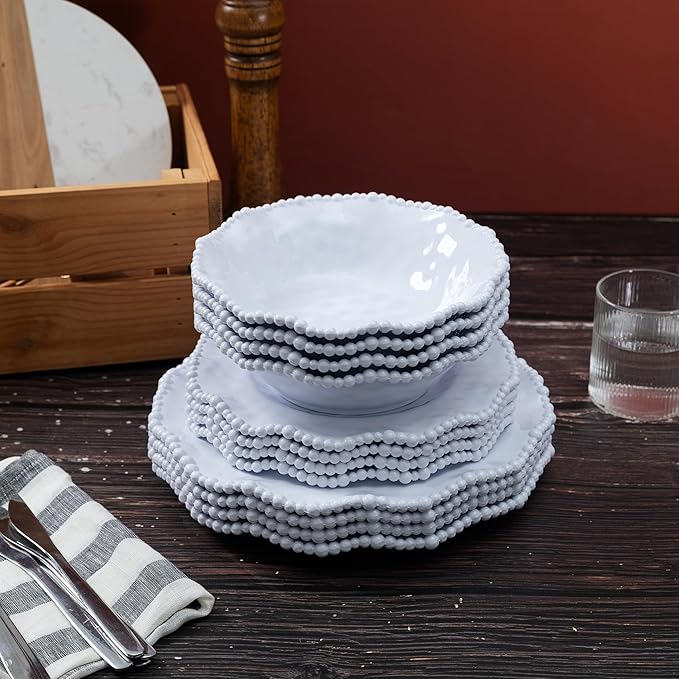 12-Piece White Beaded Melamine Dinnerware Sets – Chip-Resistant Plates &amp Bowls Farmhouse Dining Set includes 4 dinner 4 Salad and 4 Bowl – Ideal for RV Cabin Daily Use