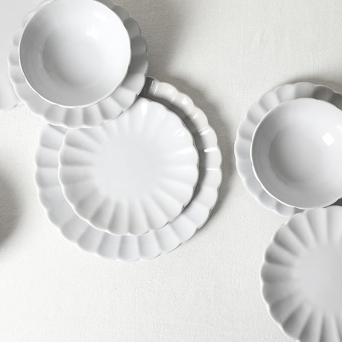 Earth &amp Clay Phoenix 12-Piece Stoneware Dinnerware Set Plates and Bowls Set Dishwasher and Microwave Safe Dish Set for 4 White