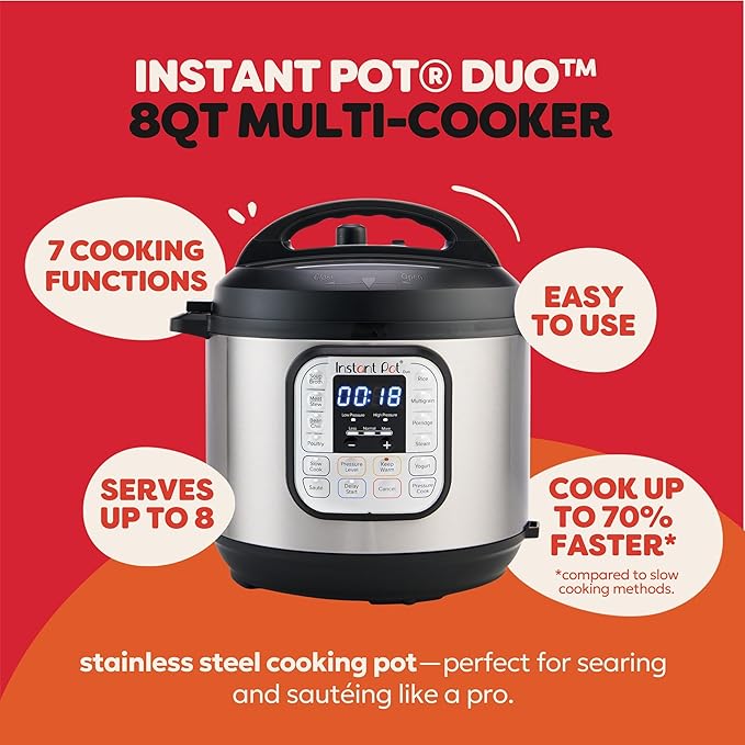 Instant Pot Duo 7-in-1 Electric Pressure Cooker Slow Cooker Rice Cooker Steamer Sauté Yogurt Maker Warmer &amp Sterilizer Includes App with Over 800 Recipes Stainless Steel 8 Quart