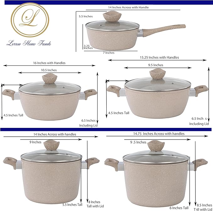 Lorren Home Trends 13-Piece Marble Coated Cookware Set Beige Non-Stick Pots and Pans with Glass Lids Includes 8-12 Inch Frypans Stock Pots Sauce Pot Casserole Pots