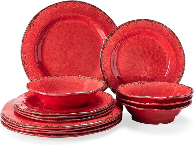 LEHAHA Farmhouse Plates and bowls set 12 Piece Christmas Melamine Dinnerware Sets for 4Lightweight and Unbreakable Dishes SetPerfect for Indoor and Outdoor and Picnic use. Red
