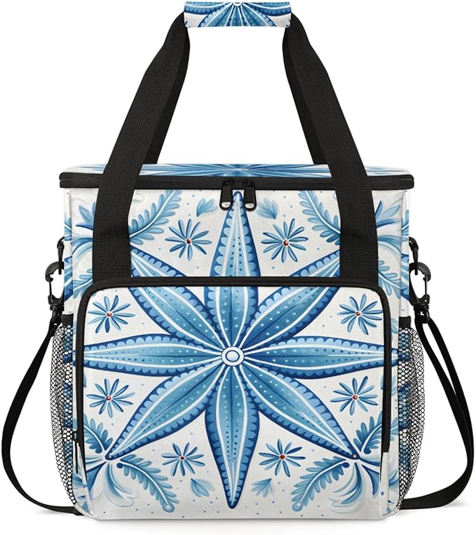 Blue Flowers Style Coffee Maker Travel Bag for Keurig K-Mini/K-Mini Plus Insulated Waterproof Tote with Pockets for K-Cup Portable Single-Serve Brewer Case