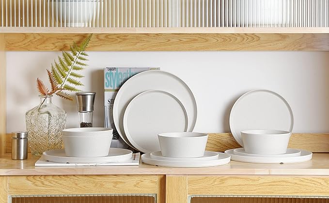 FINE&ampNICE 12PCS Melamine Dinnerware Sets Outdoor Dinnerware Sets for 4Durable Camper DinerwareLightweight Dishwasher Safe and BPA Free(Spotty White)