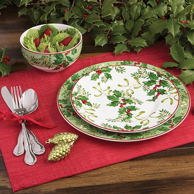 222 Fifth Christmas Foliage 12-Piece Porcelain Dinnerware Set for 4 - Glossy White Plates and Bowls Sets with Green Holly and Berry Design Durable Ceramic Dish Set for Holiday Dining Elegant Dishes
