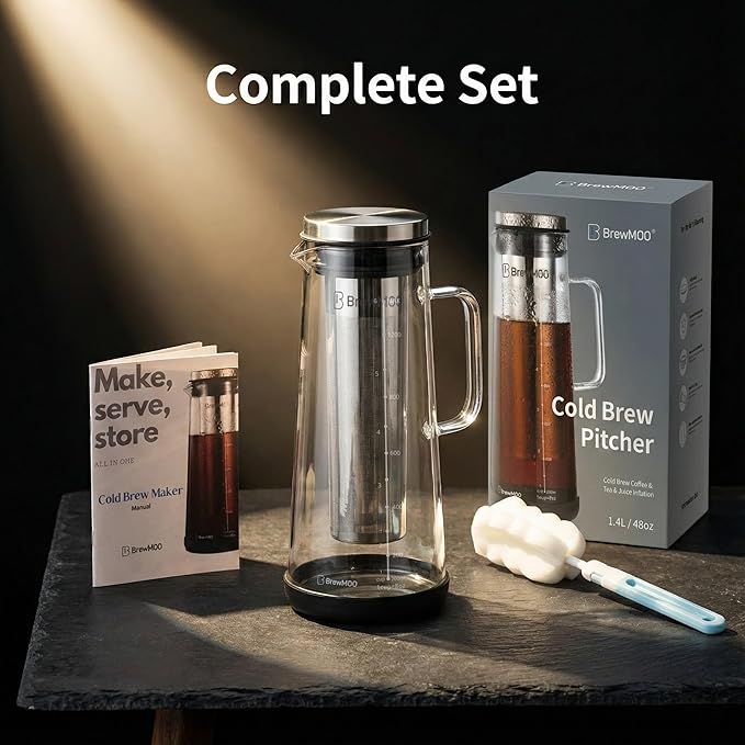 BrewMOO- Airtight Cold Brew Coffee Maker Pitcher 1.4L/48Oz Thick Glass Carafe with Filter Comfort Sturdy Handle &amp Wide Spout Non-Slip Base | Iced Tea Maker (Black)