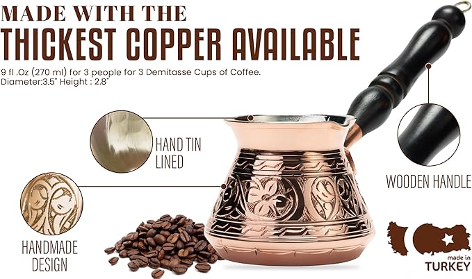 DEMMEX Thickest Copper Turkish Greek Arabic Coffee Pot Stovetop Coffee Maker Cezve Ibrik Briki with Wooden Handle &amp Spoon Hand Engraved