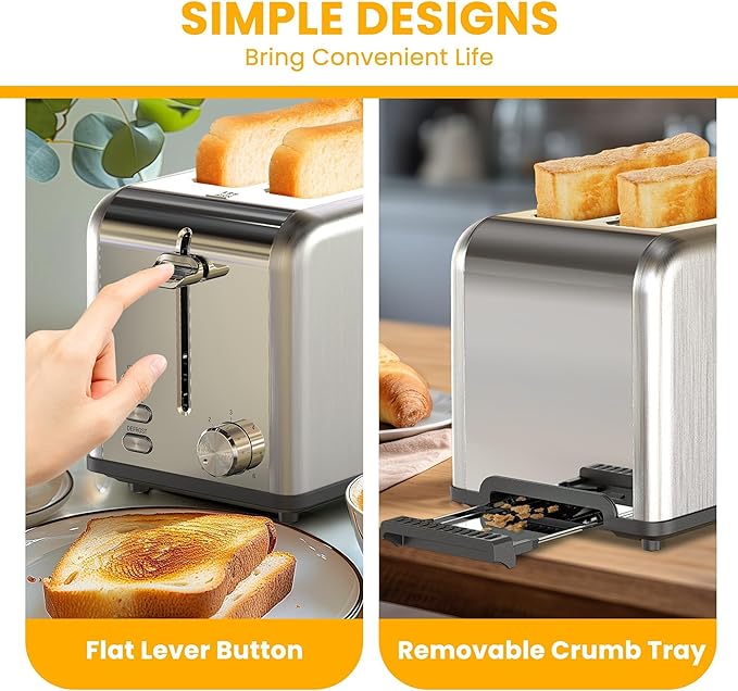 Simple Deluxe 2-Slice Stainless Steel Toaster Extra Wide Slot &amp Removable Crumb Tray 6 Browning Setting and 3 Function Toaster for Bread &amp Waffle Silver