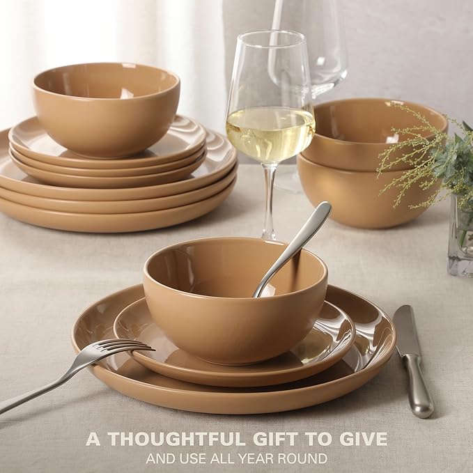 Gibson Home Rockaway 12-Piece Round Stoneware Dinnerware Set Service for 4 – Beige Plates and Bowls Modern Matte Finish Microwave &amp Dishwasher Safe