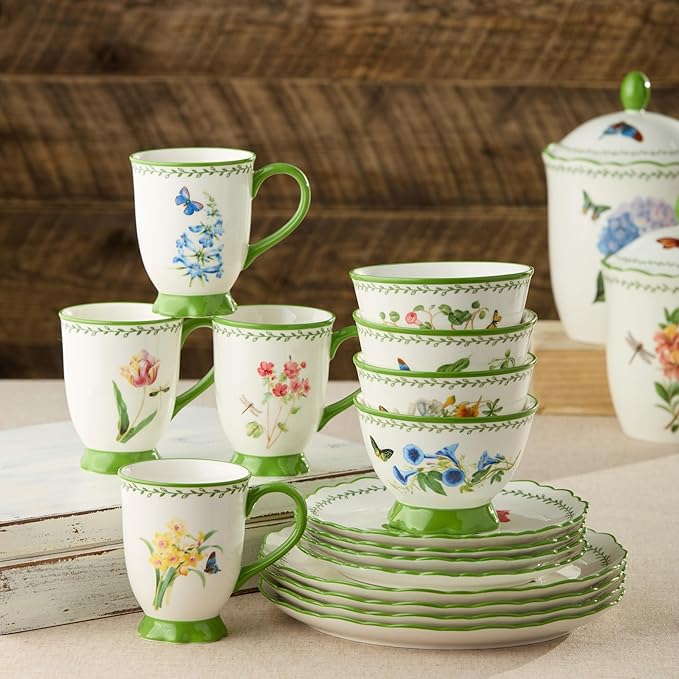 Mirabella 16-Piece Ceramic DINNERWARE SET SERVICE for FOUR with Artistic Floral Dinner Plates Salad Plates Mugs and Ice Cream Bowls Vibrant European-Inspired Tableware for Everyday Meals