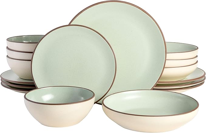 Gibson Elite Contempo Classic 16-Piece Double Bowl Dinnerware Set Service for 4 – Mint Stoneware Plates and Bowls