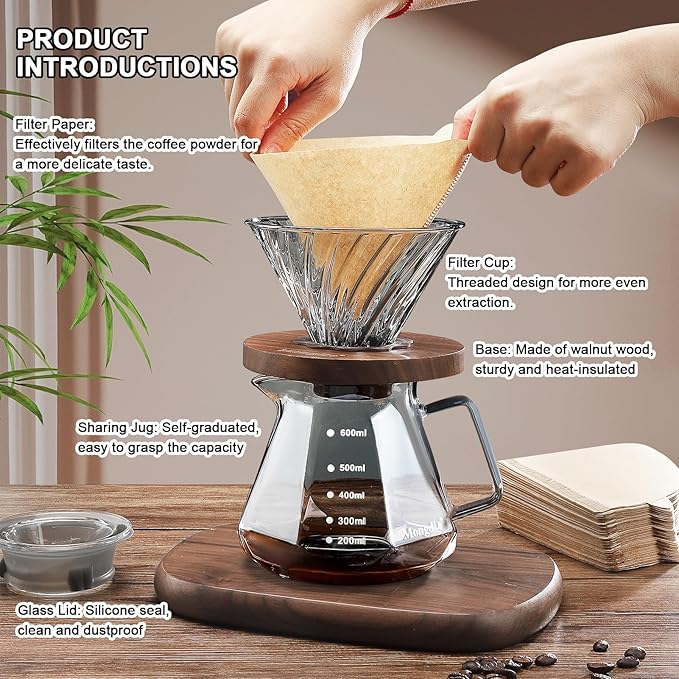 Mongdio Pour Over Coffee Maker 20 oz High-Heat Borosilicate Glass Coffee Maker with 100pcs Paper Filters Walnut Handle &amp Glass Lid Drip Coffee Maker Set for Home Café Restaurant - 600ml Gray