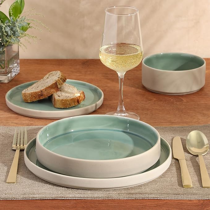 Gibson Elite Liberty Bay 16-Piece Pottery Clay Stoneware Dinnerware Set – Mint Green Reactive Glaze Stackable Plates and Bowls W/Pasta Bowl Service for 4 – Microwave &amp Dishwasher Safe