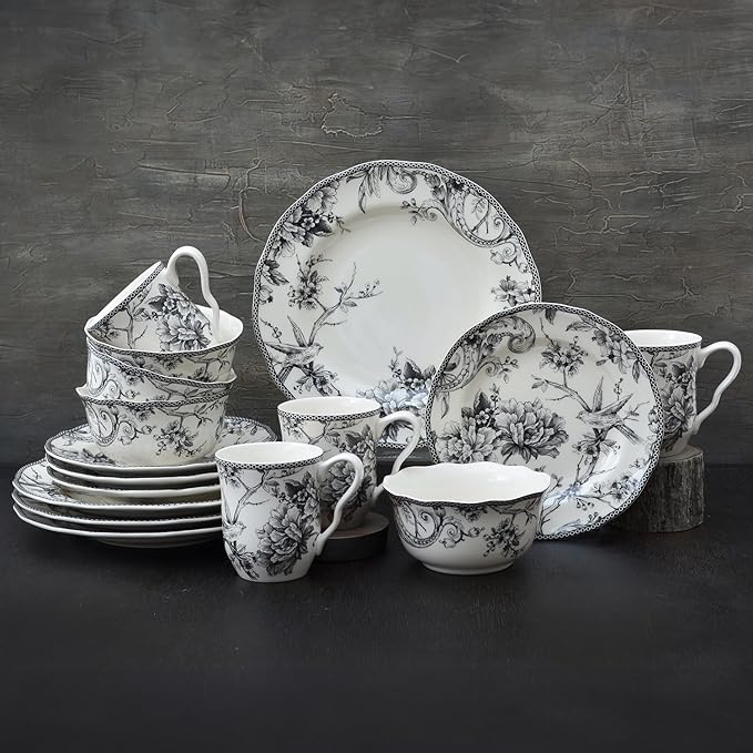 222 Fifth Adelaide 16-Piece Black Porcelain Dinnerware Set – Service for 4 Featuring Hand-Applied Romantic Woodland Bird Design Everyday Big Dinner Plates and Bowls Sets Microwave &amp Dishwasher