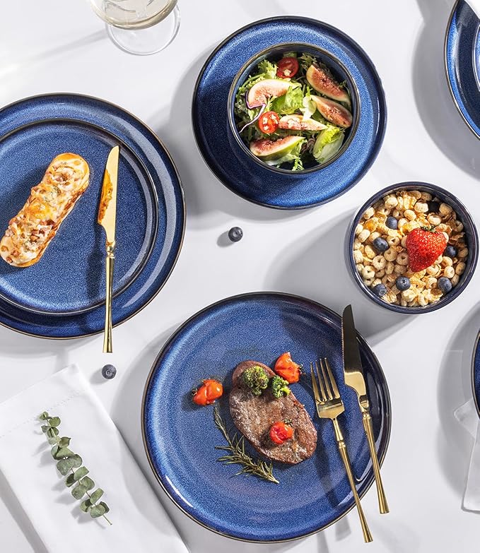 TheTerra Ceramic Dinnerware Sets for 4 12 Pieces Handmade Reactive Glaze Plates and Bowls Set Scratch Resistant Dish Set Oven &amp Microwave &amp Dishwasher Safe Blue
