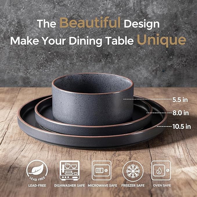 LERATIO Ceramic Dinnerware Sets for 6 High Edge Stoneware Plates and Bowls Set Chip and Crack Resistant | Oven &amp Dishwasher &amp Microwave Safe Dishes Set Service for 6 -Ashen