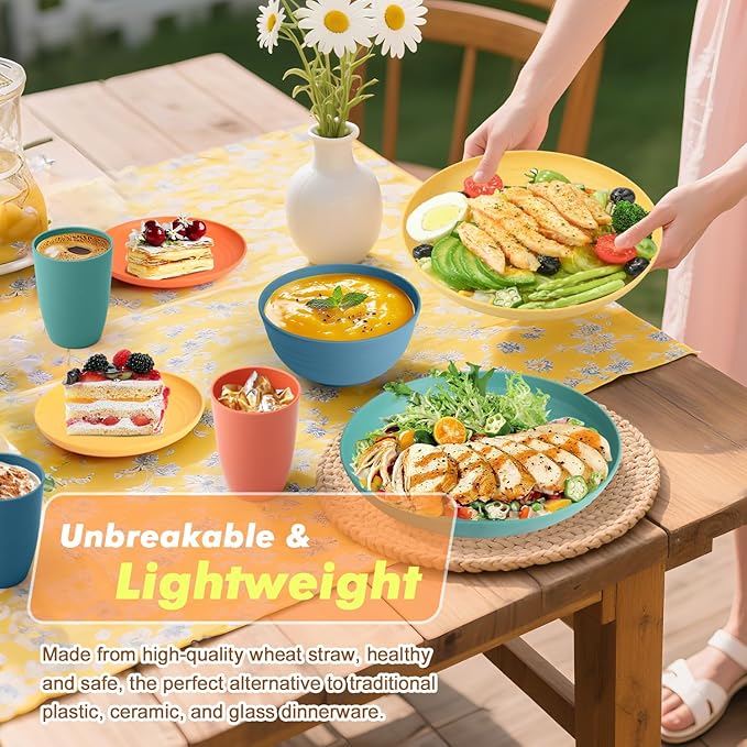 Homienly Dinnerware Set 32-Piece Wheat Straw Dinnerware Sets Unbreakable Reusable Dinnerware Set Kitchen Cups Plates and Bowls Sets Microwave and Dishwasher Safe Dishes for Camping Outdoor-Colorful